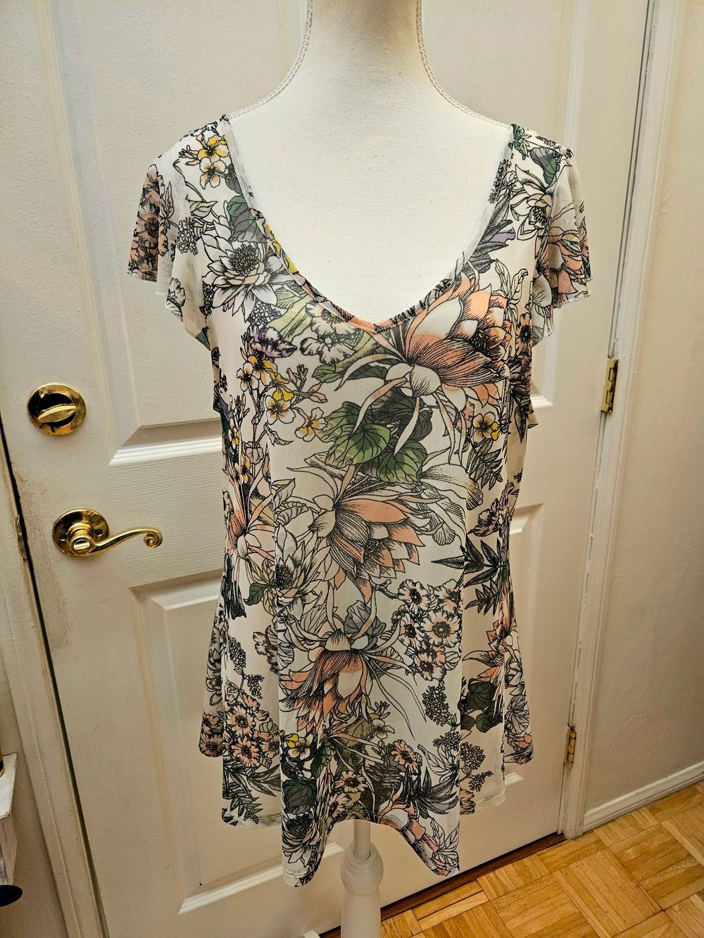 NEW 90s Mesh Swing Tunic White Cream Green Floral Lotus Graphic Print XL